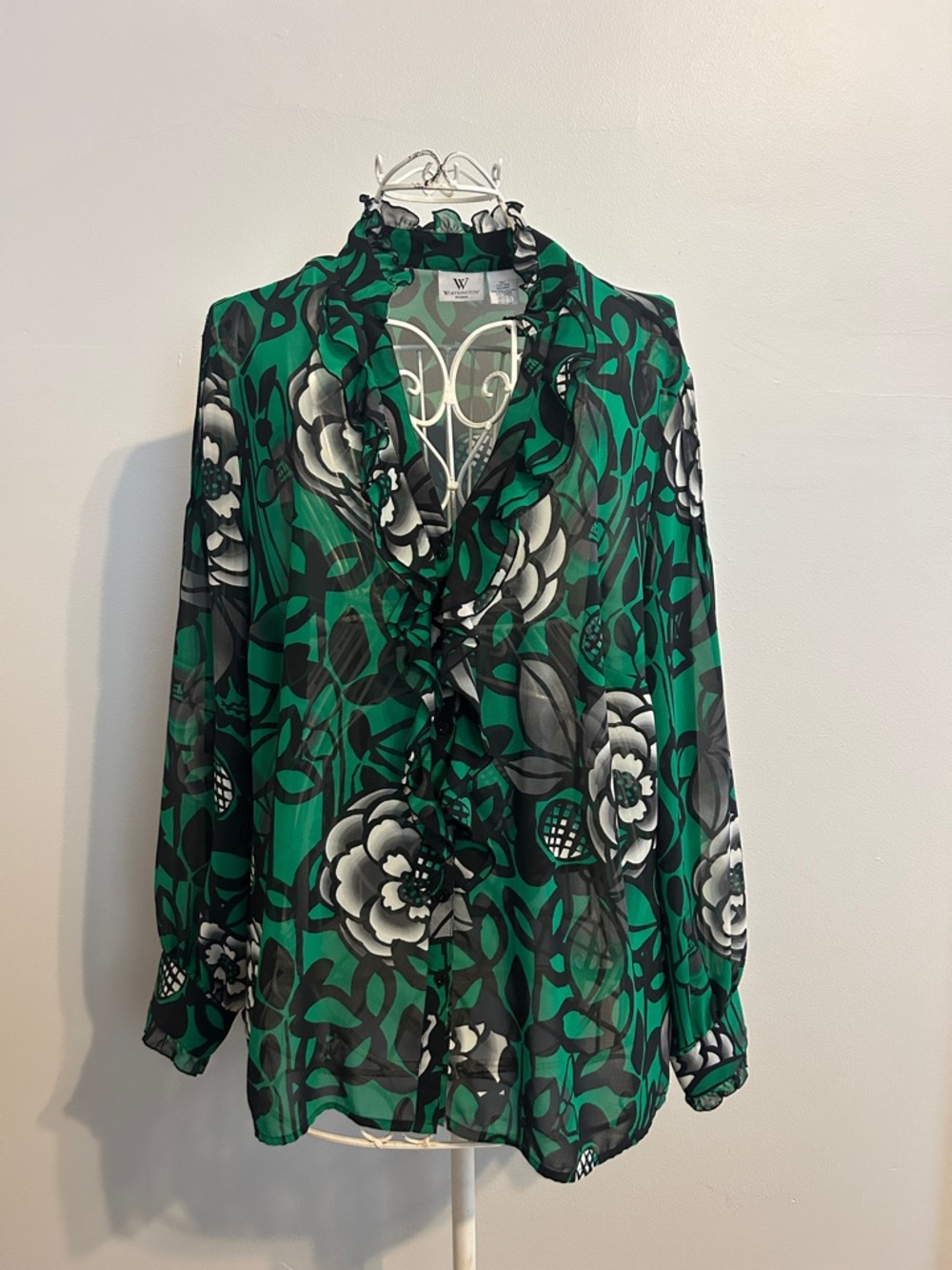 W by Worth Emerald Green Floral Ruffle-Neck Blouse